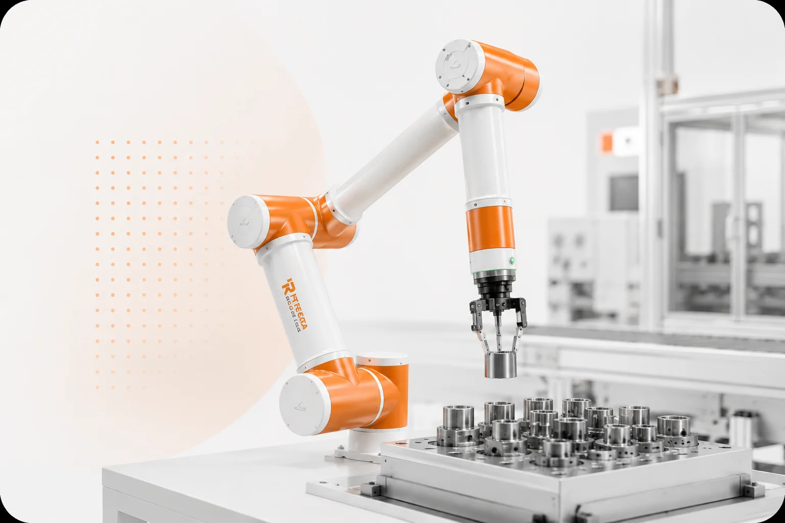 Integra Robotics P5-R900 collaborative robot arm picking a tooling component from a fixture tray in a compact workcell