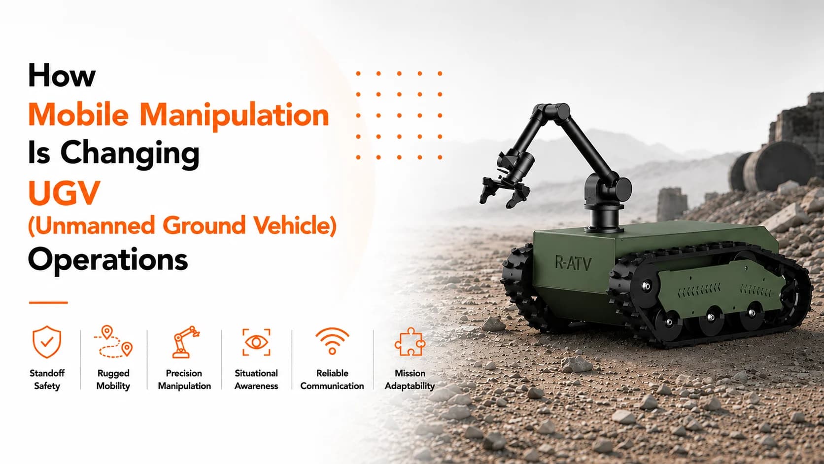 R-ATV Mobile Manipulator banner highlighting standoff safety, rugged mobility, precision manipulation, situational awareness, reliable communication, and mission adaptability for unmanned ground vehicle operations